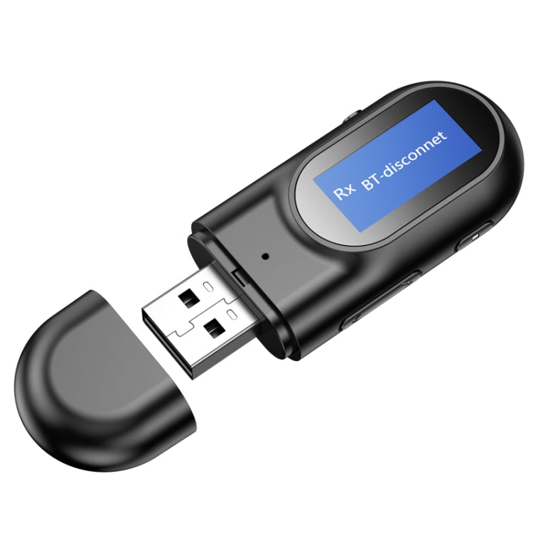 T17 อะแดปเตอร์เสียง USB บลูทูธ 5.0 รับและส่งสัญญาณ 2 in 1 พร้อมจอ LCD สำหรับ PC ทีวี รถยนต์ AUX 3.5 มม., v5.0