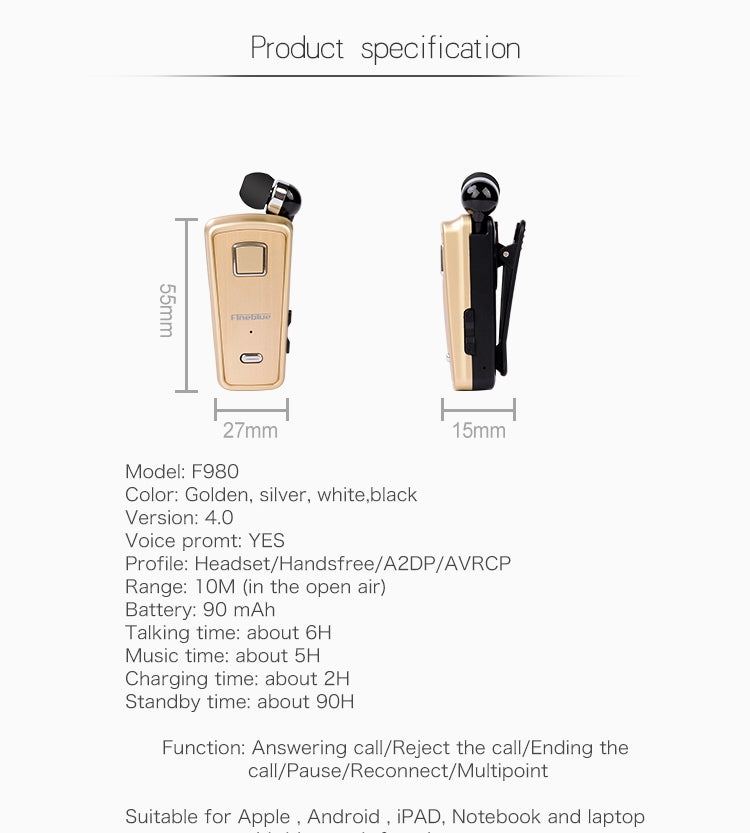 F980 หูฟังบลูทูธ CSR4.1 สายเก็บได้ เตือนสายเรียกเข้าแบบสั่น ป้องกันการโจรกรรม สีขาว
