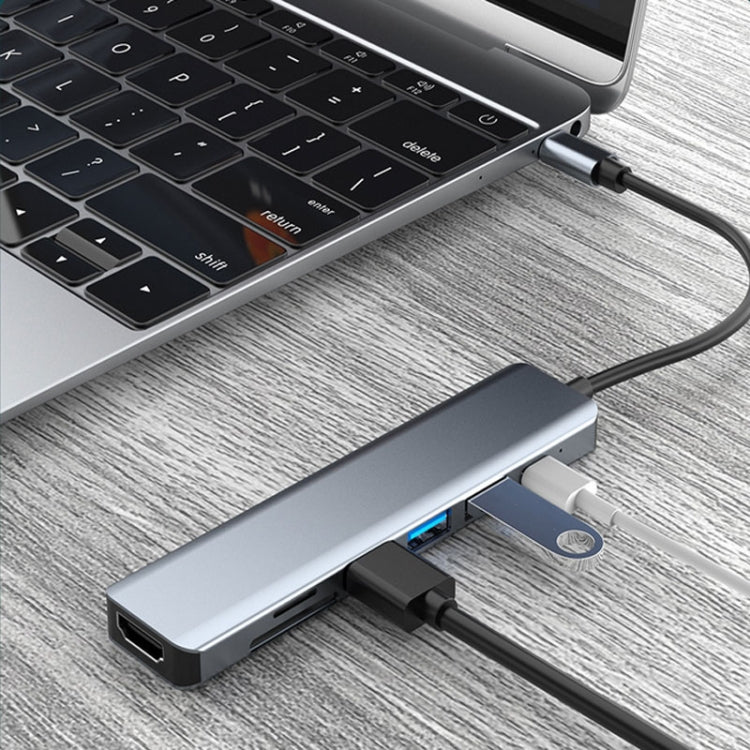 สถานีเชื่อมต่อ 7 in 1 HDMI+SD/TF+USB2.0x2+USB3.0+PD เป็น Type-C HUB