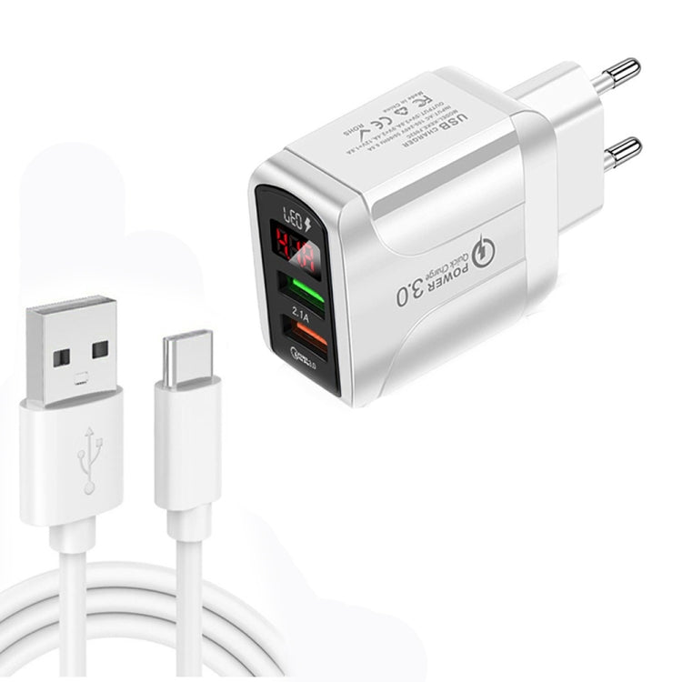 ที่ชาร์จเร็ว F002C QC3.0 USB + USB 2.0 พร้อมจอแสดงผลดิจิทัล LED พร้อมสายข้อมูล USB เป็น Type-C, ปลั๊ก EU + สาย Type-C