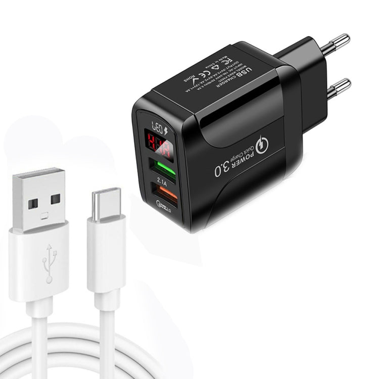 ที่ชาร์จเร็ว F002C QC3.0 USB + USB 2.0 พร้อมจอแสดงผลดิจิทัล LED พร้อมสายข้อมูล USB เป็น Type-C, ปลั๊ก EU + สาย Type-C