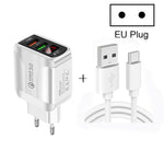 ที่ชาร์จเร็ว F002C QC3.0 USB + USB 2.0 พร้อมจอแสดงผลดิจิทัล LED พร้อมสายข้อมูล USB เป็น Type-C, ปลั๊ก EU + สาย Type-C
