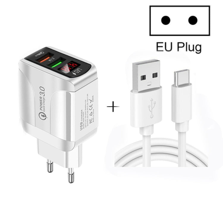 ที่ชาร์จเร็ว F002C QC3.0 USB + USB 2.0 พร้อมจอแสดงผลดิจิทัล LED พร้อมสายข้อมูล USB เป็น Type-C, ปลั๊ก EU + สาย Type-C