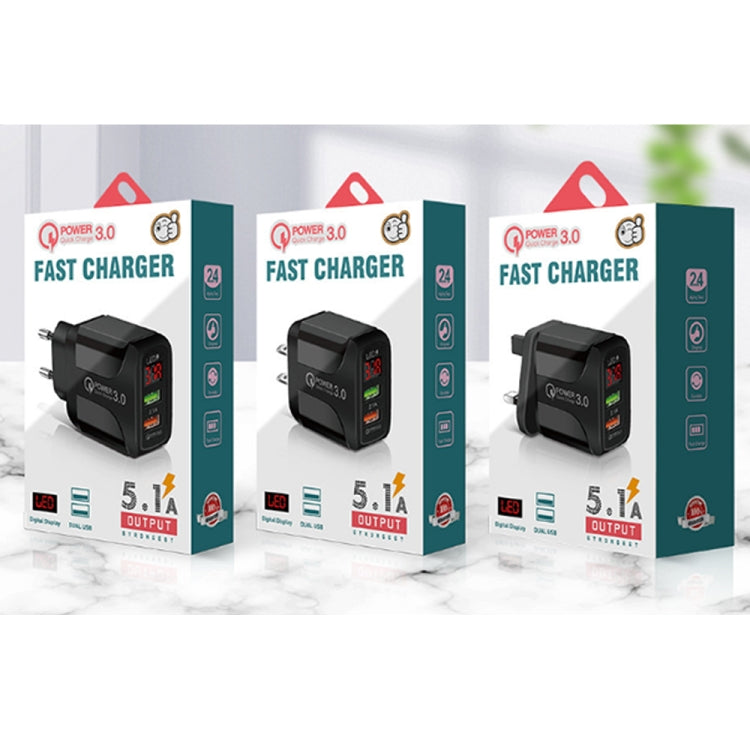 ที่ชาร์จเร็ว F002C QC3.0 USB + USB 2.0 พร้อมจอแสดงผลดิจิทัล LED พร้อมสายข้อมูล USB เป็น Type-C, ปลั๊ก EU + สาย Type-C
