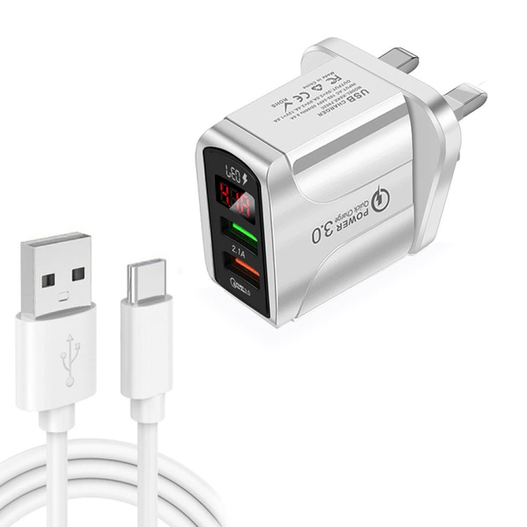 ที่ชาร์จเร็ว F002C QC3.0 USB + USB 2.0 พร้อมจอแสดงผลดิจิทัล LED พร้อมสายข้อมูล USB เป็น Type-C, ปลั๊ก UK + สาย Type-C
