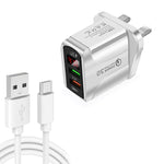 ที่ชาร์จเร็ว F002C QC3.0 USB + USB 2.0 พร้อมจอแสดงผลดิจิทัล LED พร้อมสายข้อมูล USB เป็น Type-C, ปลั๊ก UK + สาย Type-C