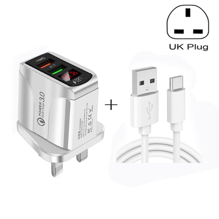 ที่ชาร์จเร็ว F002C QC3.0 USB + USB 2.0 พร้อมจอแสดงผลดิจิทัล LED พร้อมสายข้อมูล USB เป็น Type-C, ปลั๊ก UK + สาย Type-C