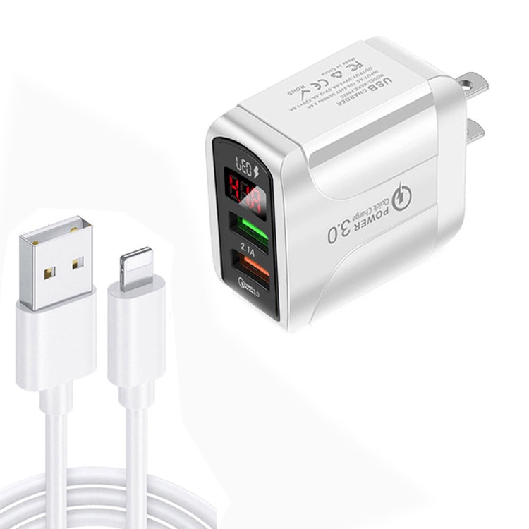 F002C ชาร์จเร็ว USB QC3.0 + USB 2.0 พร้อมจอแสดงผลดิจิทัล LED และสายข้อมูล USB ถึง 8 Pin, ปลั๊ก US, ปลั๊ก US + สาย 8 Pin