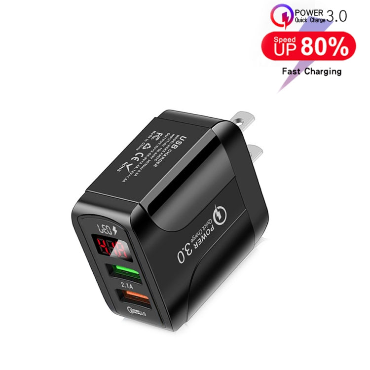 F002C ชาร์จเร็ว USB QC3.0 + USB 2.0 พร้อมจอแสดงผลดิจิทัล LED และสายข้อมูล USB ถึง 8 Pin, ปลั๊ก US, ปลั๊ก US + สาย 8 Pin