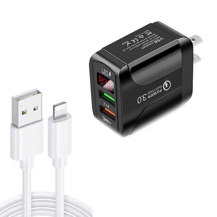 F002C ชาร์จเร็ว USB QC3.0 + USB 2.0 พร้อมจอแสดงผลดิจิทัล LED และสายข้อมูล USB ถึง 8 Pin, ปลั๊ก US, ปลั๊ก US + สาย 8 Pin