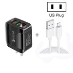 F002C ชาร์จเร็ว USB QC3.0 + USB 2.0 พร้อมจอแสดงผลดิจิทัล LED และสายข้อมูล USB ถึง 8 Pin, ปลั๊ก US, ปลั๊ก US + สาย 8 Pin