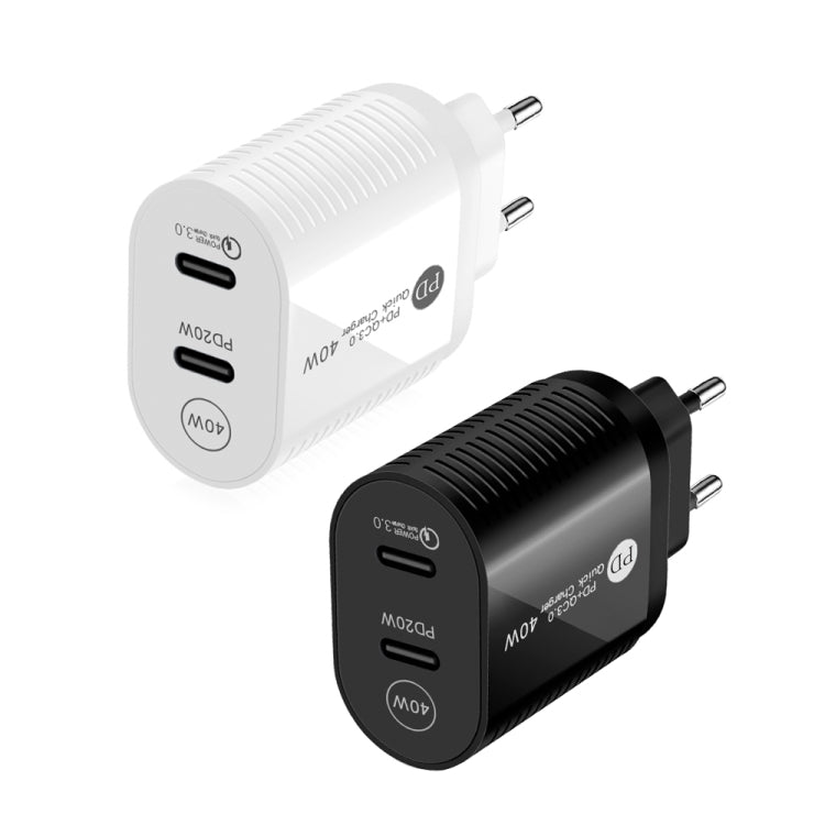 ชาร์จเร็วพอร์ตคู่ 40W PD / Type-C สำหรับ iPhone / iPad ซีรีส์, ปลั๊ก EU, ปลั๊ก EU