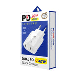 ชาร์จเร็วพอร์ตคู่ 40W PD / Type-C สำหรับ iPhone / iPad ซีรีส์, ปลั๊ก EU, ปลั๊ก EU