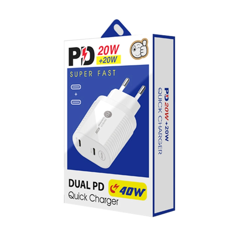 ชาร์จเร็วพอร์ตคู่ 40W PD / Type-C สำหรับ iPhone / iPad ซีรีส์, ปลั๊ก EU, ปลั๊ก EU
