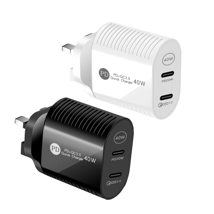 ชาร์จเร็วพอร์ตคู่ 40W PD / Type-C สำหรับ iPhone / iPad ซีรีส์, ปลั๊ก UK, ปลั๊ก UK