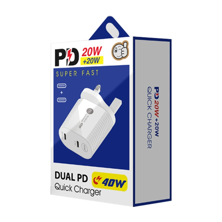 ชาร์จเร็วพอร์ตคู่ 40W PD / Type-C สำหรับ iPhone / iPad ซีรีส์, ปลั๊ก UK, ปลั๊ก UK