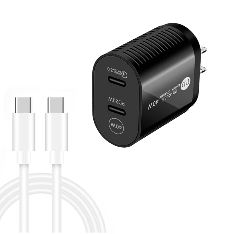 ที่ชาร์จเร็ว 40W พอร์ตคู่ PD / Type-C พร้อมสายข้อมูล Type-C เป็น Type-C, ปลั๊ก US + สาย Type-C เป็น Type-C