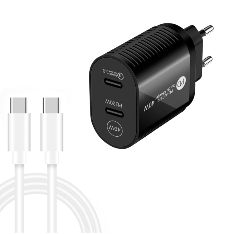 ที่ชาร์จเร็ว 40W พอร์ตคู่ PD / Type-C พร้อมสายข้อมูล Type-C เป็น Type-C, ปลั๊ก EU + สาย Type-C เป็น Type-C