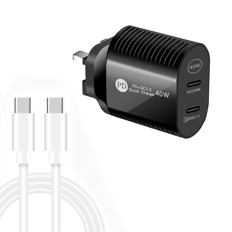 ที่ชาร์จเร็ว 40W พอร์ตคู่ PD / Type-C พร้อมสายข้อมูล Type-C เป็น Type-C, ปลั๊ก UK + สาย Type-C เป็น Type-C