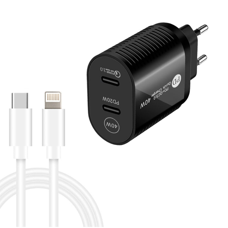 ชาร์จเร็วพอร์ตคู่ 40W PD / Type-C พร้อมสายข้อมูล Type-C ถึง 8 Pin, ปลั๊ก EU, ปลั๊ก EU + สาย Type-C ถึง 8 Pin