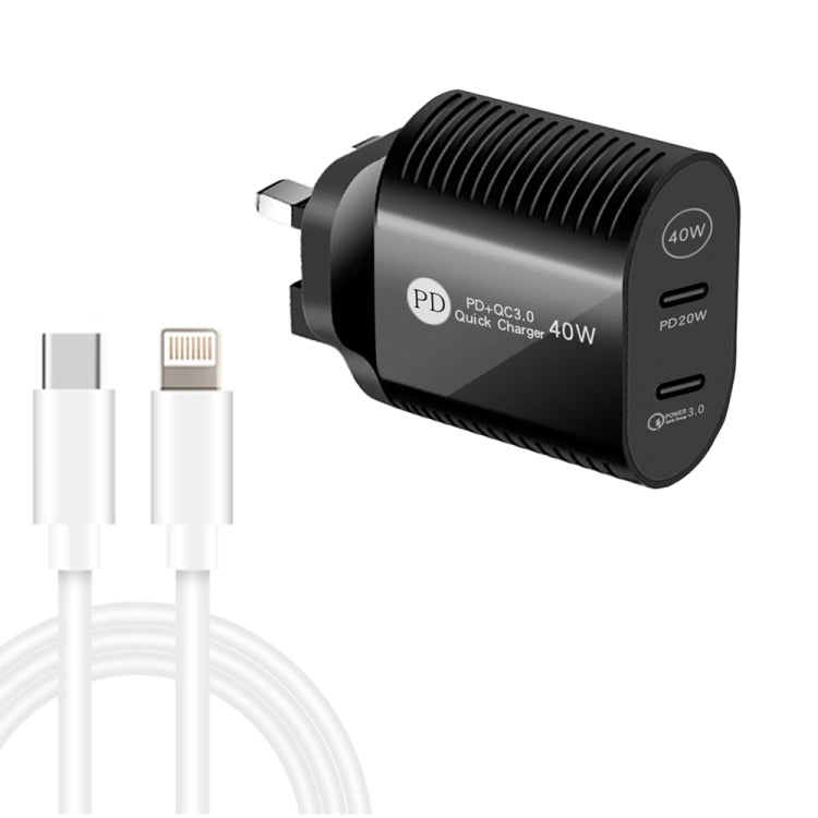 ชาร์จเร็วพอร์ตคู่ 40W PD / Type-C พร้อมสายข้อมูล Type-C ถึง 8 Pin, ปลั๊ก UK, ปลั๊ก UK + สาย Type-C ถึง 8 Pin
