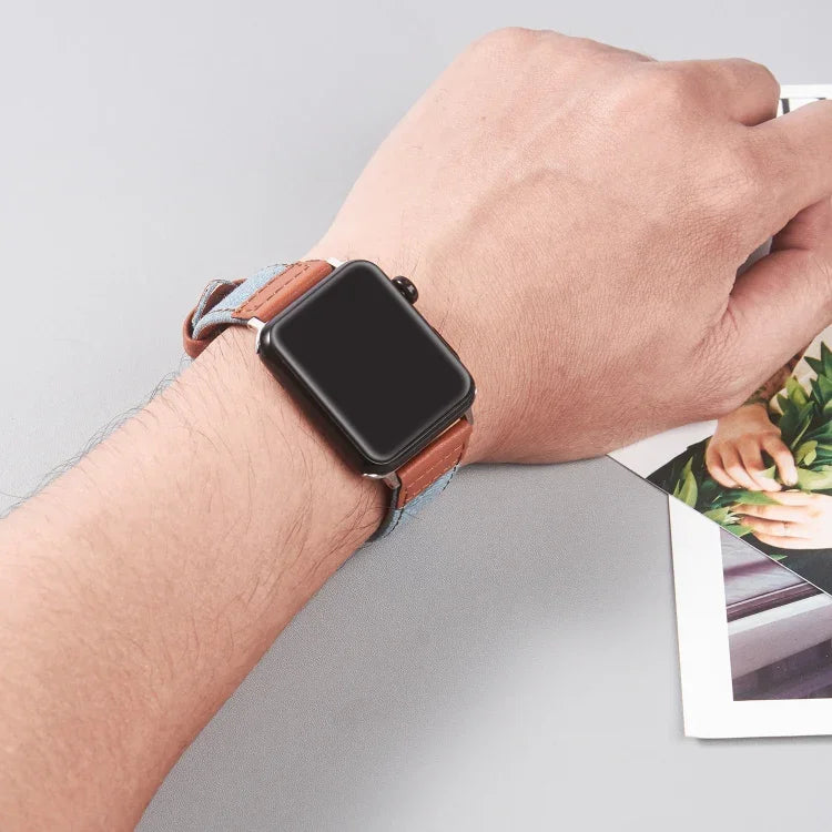 สายหนังพร้อมหัวล็อกสีเงิน สำหรับ Apple Watch Series 7 41 มม. / 6&SE&5&4 40 มม. / 3&2&1 38 มม., 7 45 มม. / 6&SE&5&4 44 มม. / 3&2&1 42 มม.