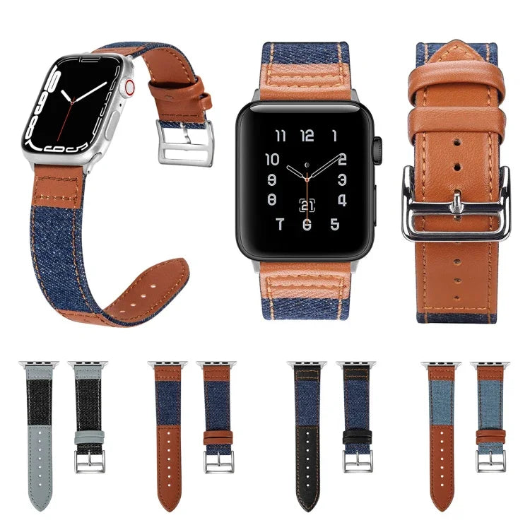 สายหนังทดแทนลายเดนิมสำหรับ Apple Watch Series 7 41 มม. / 6&SE&5&4 40 มม. / 3&2&1 38 มม., 7 45 มม. / 6&SE&5&4 44 มม. / 3&2&1 42 มม.