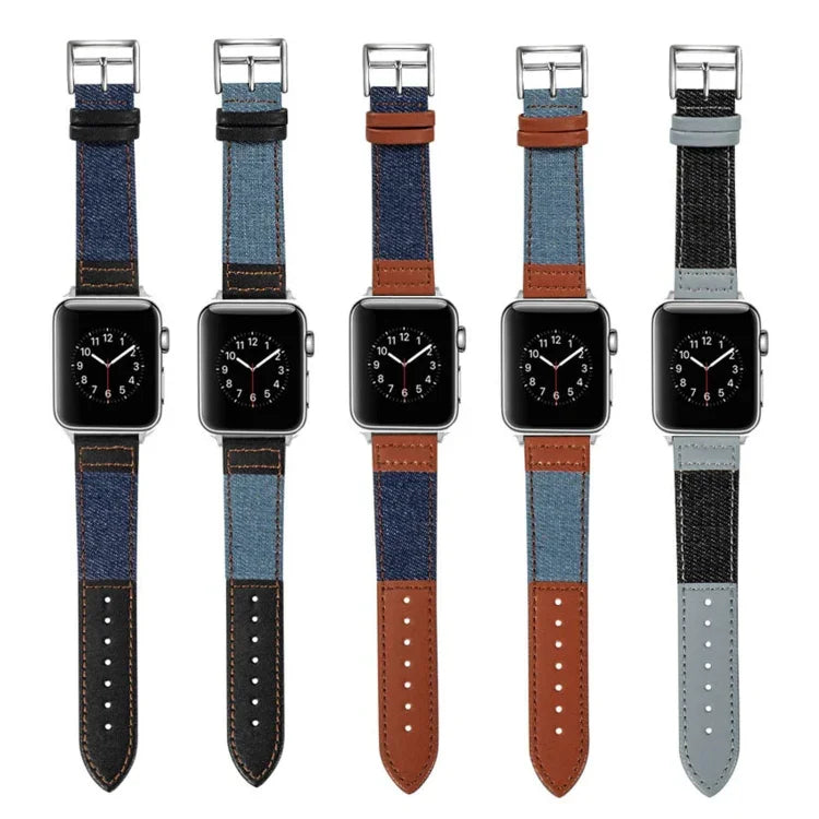สายหนังทดแทนลายเดนิมสำหรับ Apple Watch Series 7 41 มม. / 6&SE&5&4 40 มม. / 3&2&1 38 มม., 7 45 มม. / 6&SE&5&4 44 มม. / 3&2&1 42 มม.