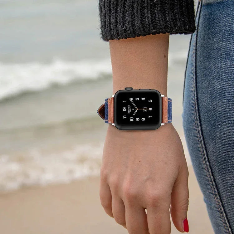 สายหนังทดแทนลายเดนิมสำหรับ Apple Watch Series 7 41 มม. / 6&SE&5&4 40 มม. / 3&2&1 38 มม., 7 45 มม. / 6&SE&5&4 44 มม. / 3&2&1 42 มม.