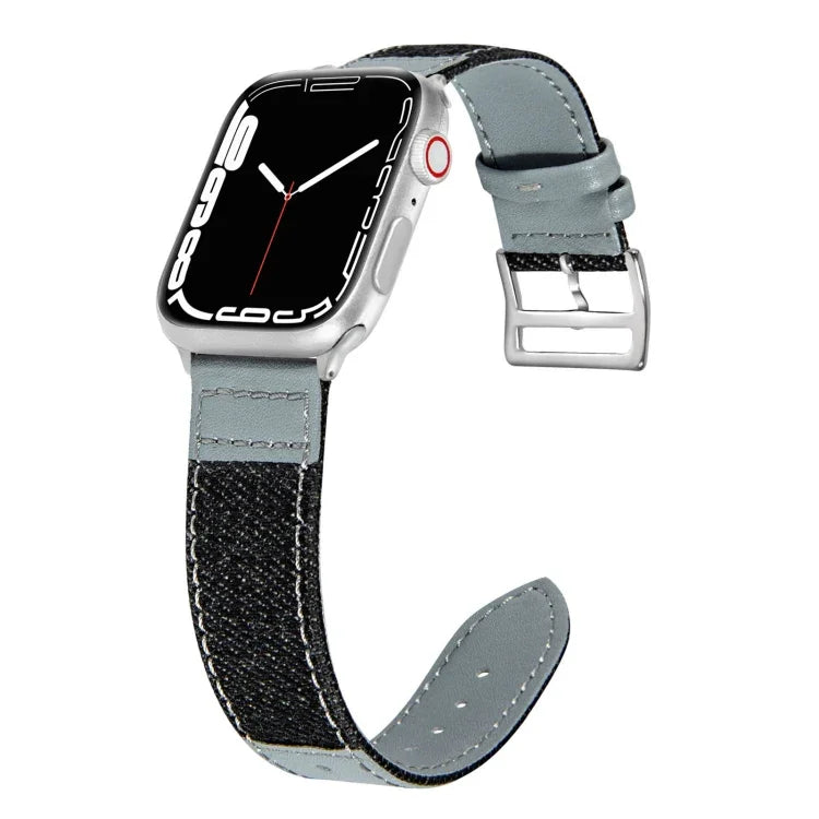 สายหนังทดแทนลายเดนิมสำหรับ Apple Watch Series 7 41 มม. / 6&SE&5&4 40 มม. / 3&2&1 38 มม., 7 45 มม. / 6&SE&5&4 44 มม. / 3&2&1 42 มม.
