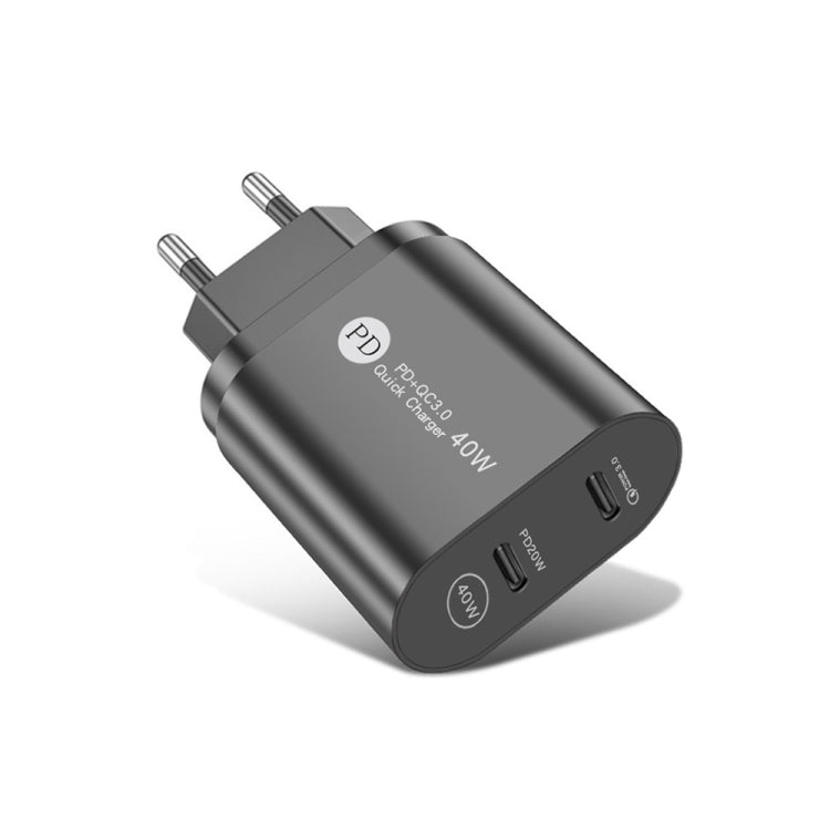 ที่ชาร์จเร็ว 40W สองพอร์ต PD / Type-C สำหรับ iPhone / iPad ซีรีส์, ปลั๊ก EU, ปลั๊ก EU