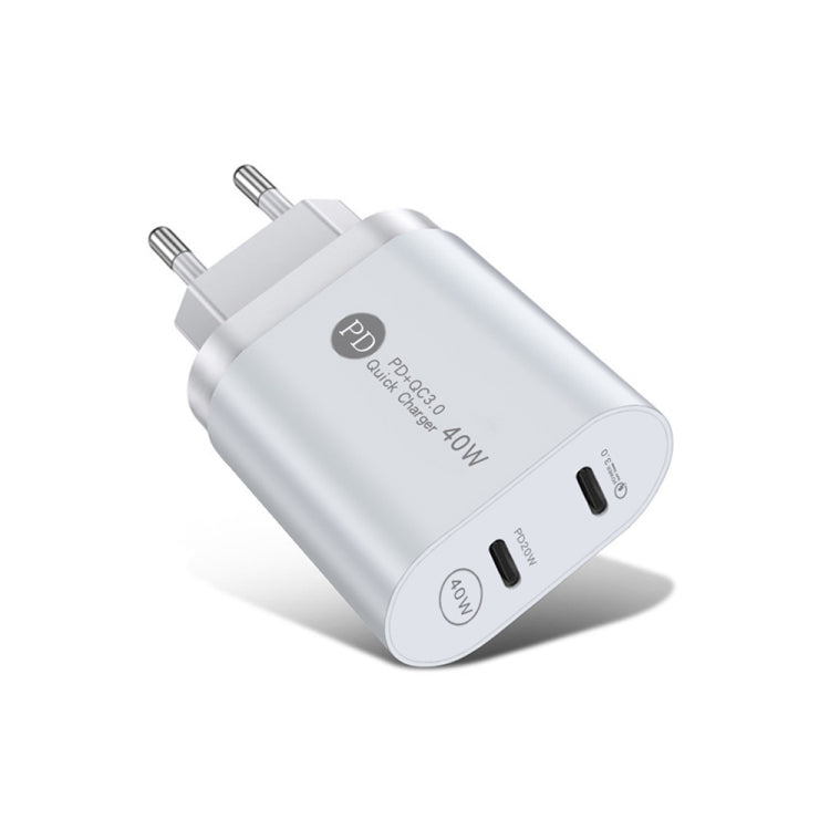 ที่ชาร์จเร็ว 40W สองพอร์ต PD / Type-C สำหรับ iPhone / iPad ซีรีส์, ปลั๊ก EU, ปลั๊ก EU