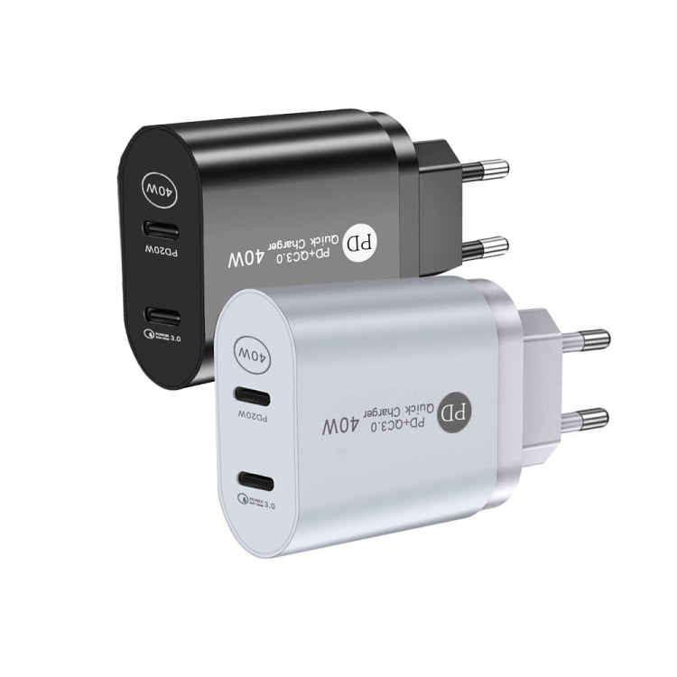 ที่ชาร์จเร็ว 40W สองพอร์ต PD / Type-C สำหรับ iPhone / iPad ซีรีส์, ปลั๊ก EU, ปลั๊ก EU