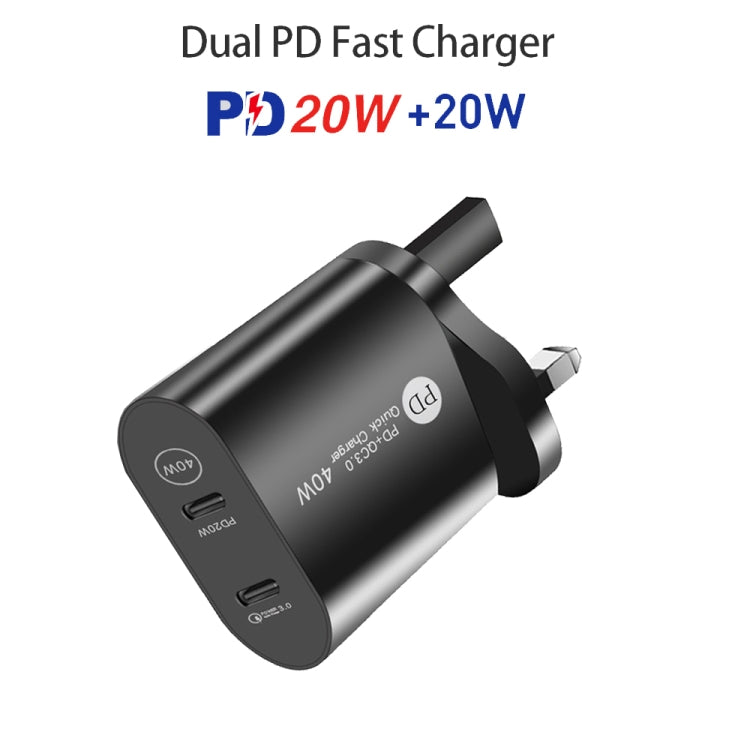 ที่ชาร์จเร็ว 40W สองพอร์ต PD USB-C / Type-C สำหรับ iPhone / iPad ซีรีส์, ปลั๊ก UK, ปลั๊ก UK