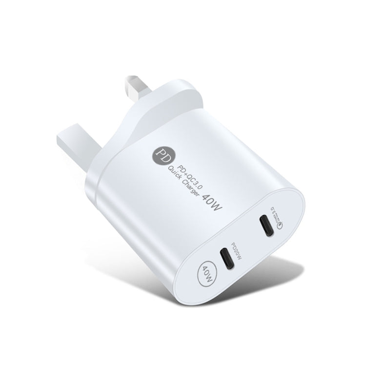 ที่ชาร์จเร็ว 40W สองพอร์ต PD USB-C / Type-C สำหรับ iPhone / iPad ซีรีส์, ปลั๊ก UK, ปลั๊ก UK