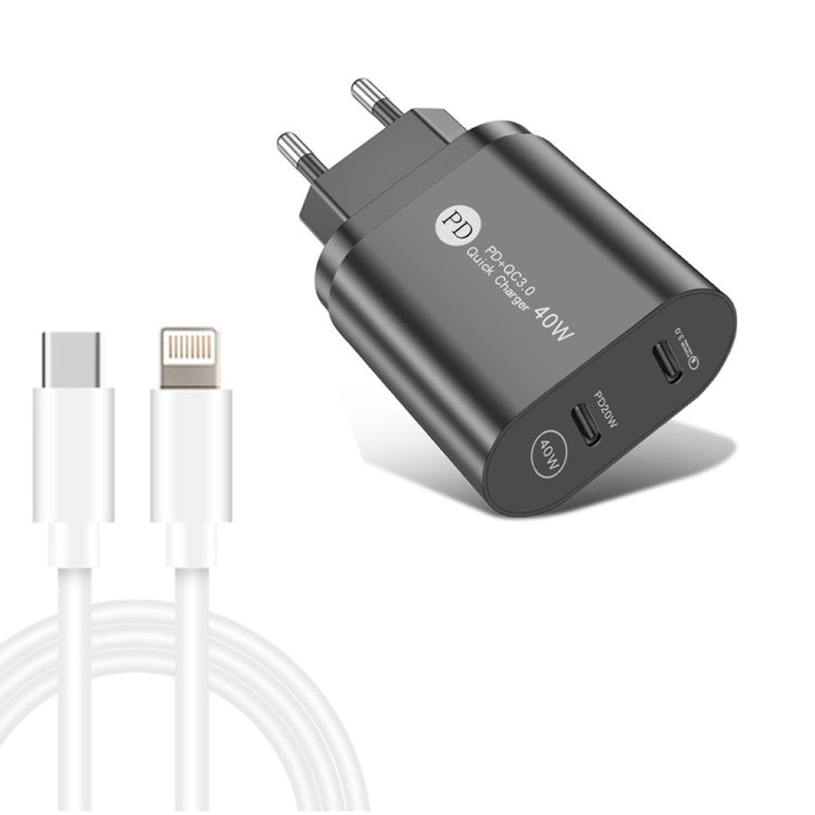 ที่ชาร์จเร็ว 40W สองพอร์ต PD / Type-C พร้อมสายข้อมูล USB-C เป็น 8 พิน, ปลั๊ก EU, ปลั๊ก EU + สาย Type-C เป็น 8 พิน