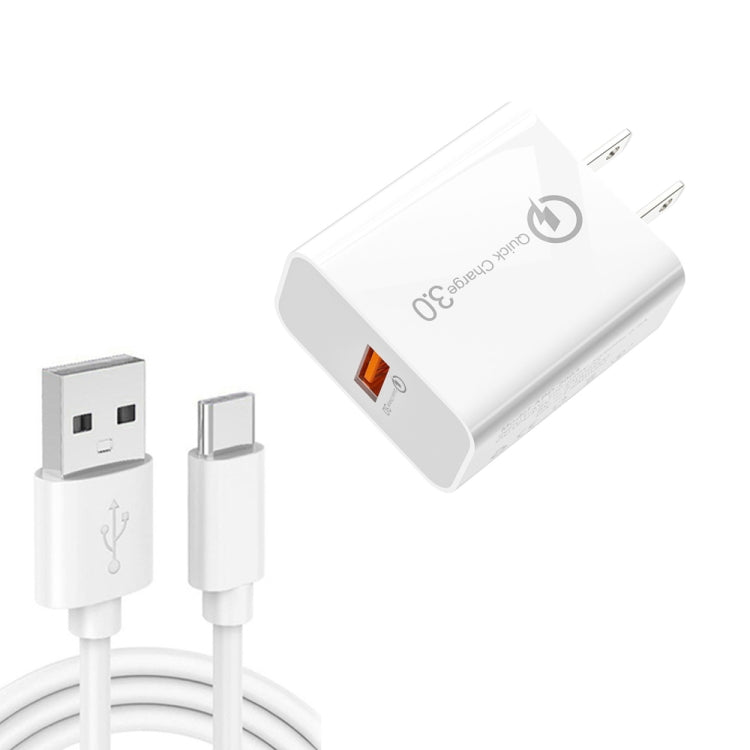 APD-2003 18W QC3.0 Single Port USB Charger with 1m USB to Type-C Data Cable, EU Plug + USB to Type-C Cable, US Plug + USB to Type-C Cable