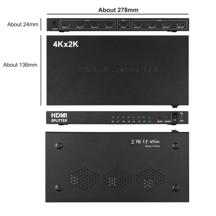 ตัวแยกสัญญาณ HDMI 1 x 8 4K x 2K 3840*2160/30HZ