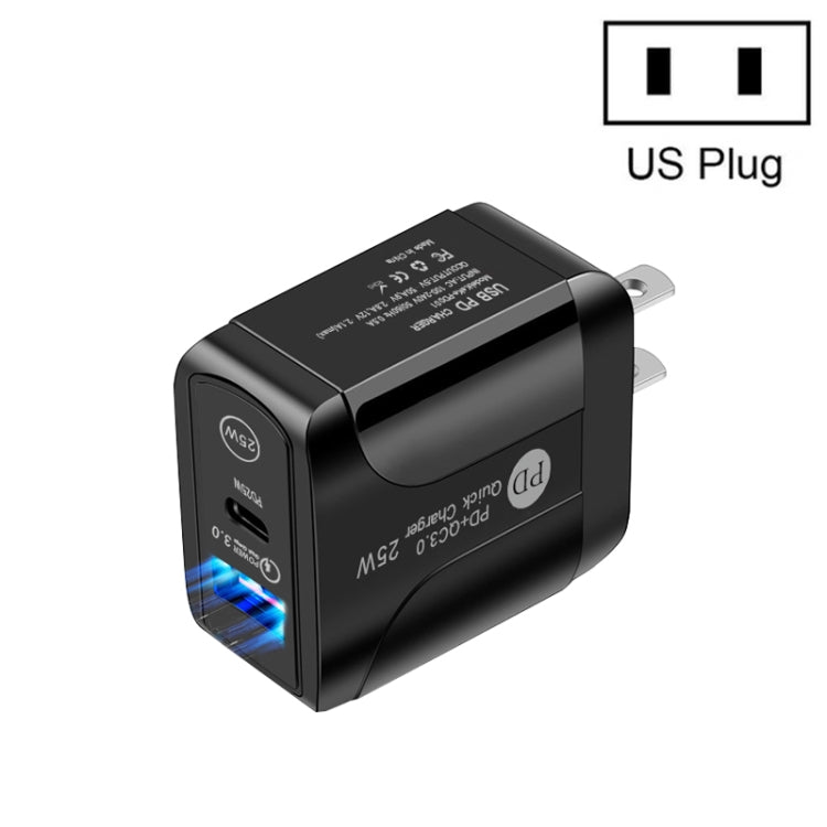 ที่ชาร์จเร็ว PD25W USB-C / Type-C + QC3.0 USB สองพอร์ต, ปลั๊ก US, ปลั๊ก US