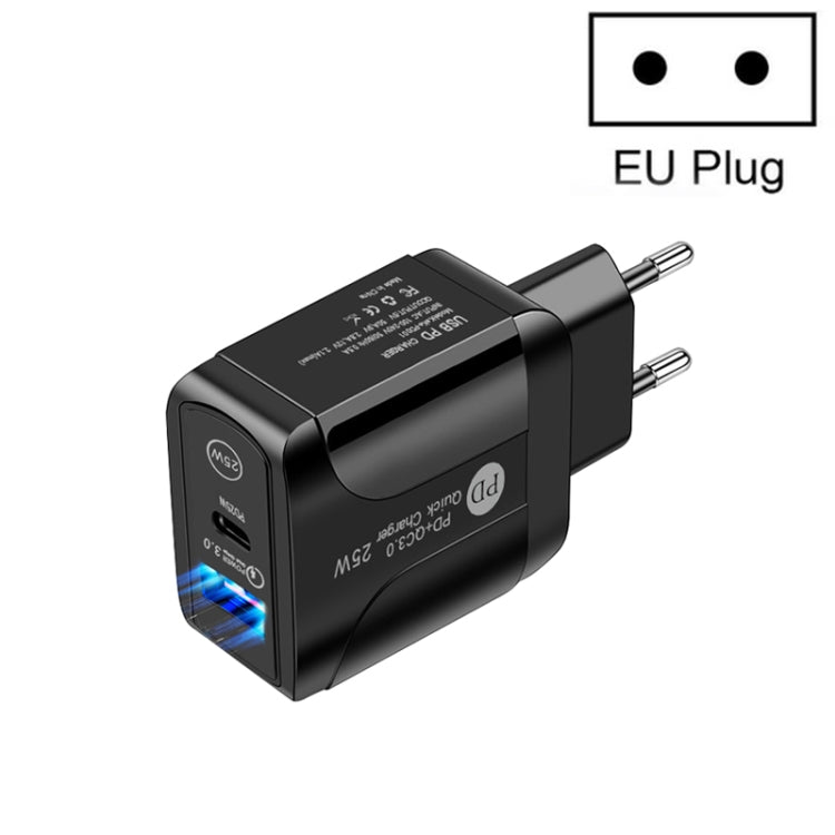 ที่ชาร์จเร็ว PD25W USB-C / Type-C + QC3.0 USB สองพอร์ต, ปลั๊ก EU, ปลั๊ก EU