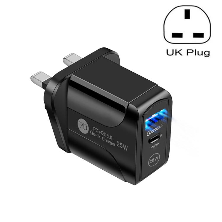 ที่ชาร์จเร็ว PD25W USB-C / Type-C + QC3.0 USB สองพอร์ต, ปลั๊ก UK, ปลั๊ก UK