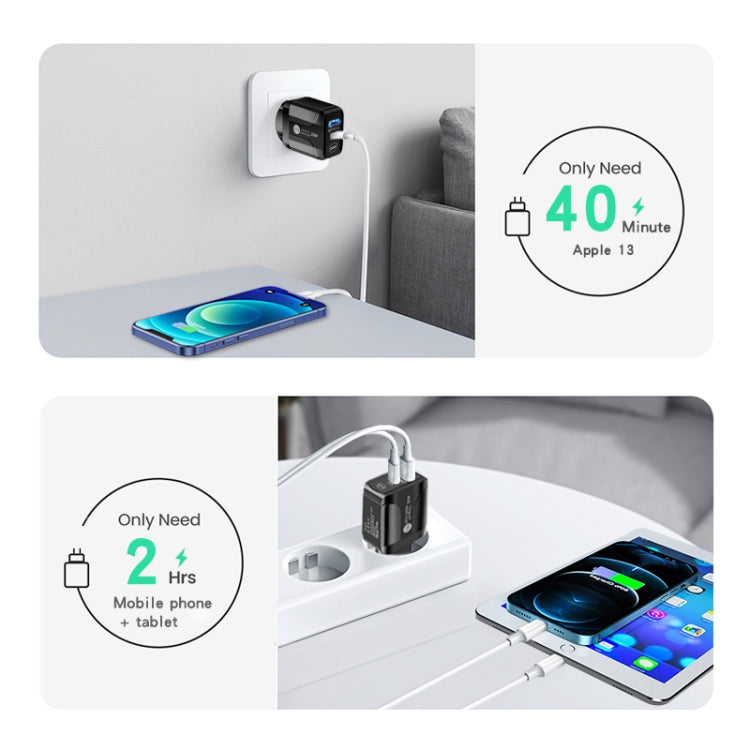 ที่ชาร์จเร็ว PD25W USB-C / Type-C + QC3.0 USB สองพอร์ต, ปลั๊ก UK, ปลั๊ก UK