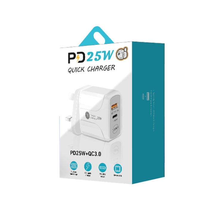 ที่ชาร์จเร็ว PD25W USB-C / Type-C + QC3.0 USB สองพอร์ต, ปลั๊ก UK, ปลั๊ก UK