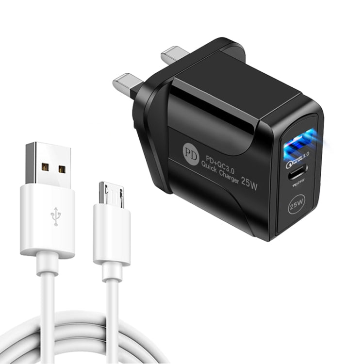 PD25W ที่ชาร์จเร็วพอร์ตคู่ USB-C / Type-C + QC3.0 USB พร้อมสายข้อมูล USB เป็น Micro USB, ปลั๊ก UK, ปลั๊ก UK + สาย USB เป็น Micro USB
