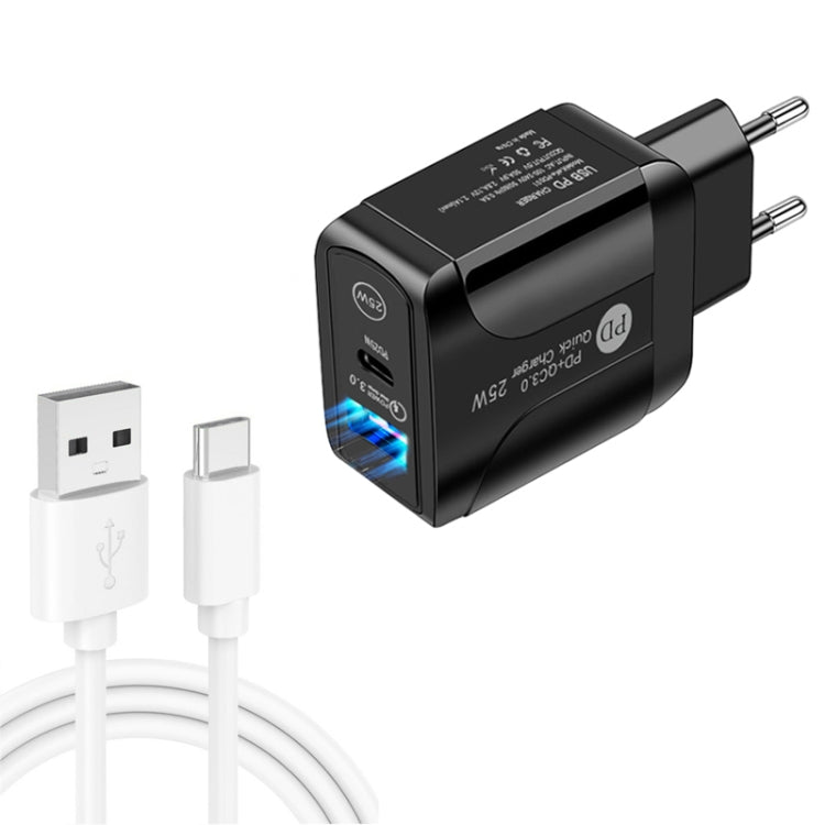 PD25W ที่ชาร์จเร็วพอร์ตคู่ USB-C / Type-C + QC3.0 USB พร้อมสายข้อมูล USB เป็น Type-C, ปลั๊ก EU, ปลั๊ก EU + สาย USB เป็น Type-C