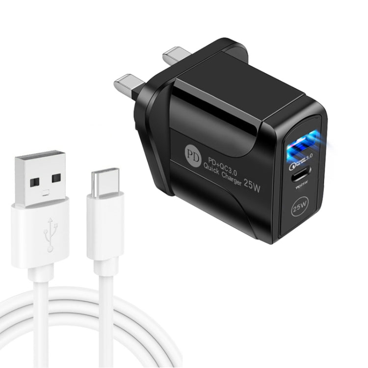 PD25W ที่ชาร์จเร็วพอร์ตคู่ USB-C / Type-C + QC3.0 USB พร้อมสายข้อมูล USB เป็น Type-C, ปลั๊ก UK, ปลั๊ก UK + สาย USB เป็น Type-C