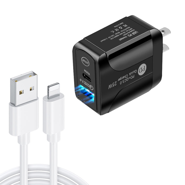 ที่ชาร์จเร็ว PD25W USB-C / Type-C + QC3.0 USB สองพอร์ต พร้อมสายข้อมูล USB เป็น 8 พิน, ปลั๊ก US, ปลั๊ก US + สาย USB เป็น 8 พิน
