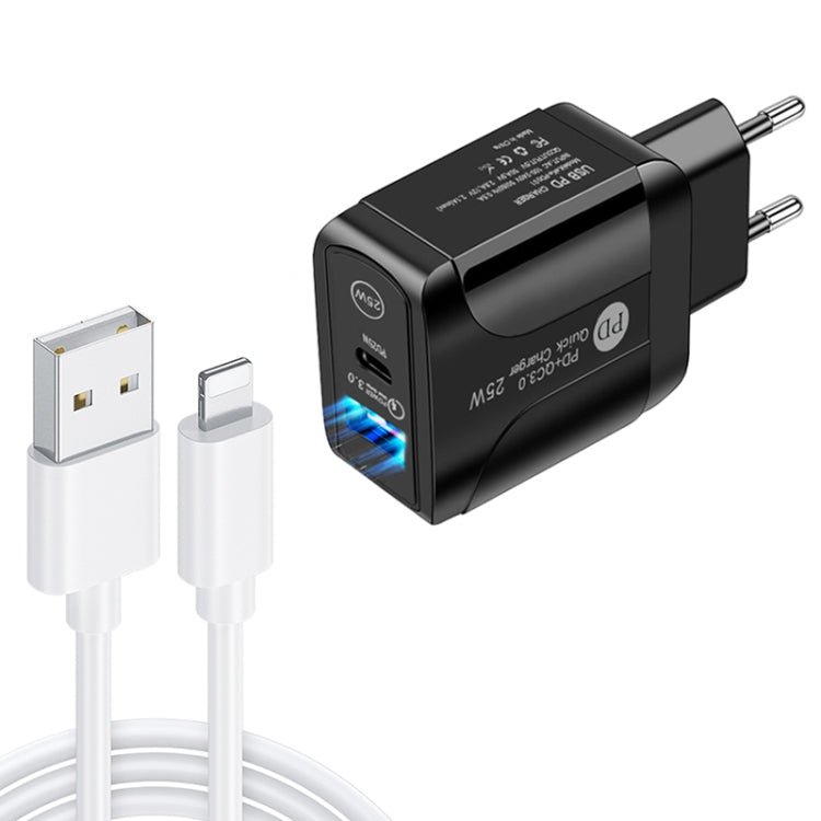 ที่ชาร์จเร็ว PD25W USB-C / Type-C + QC3.0 USB สองพอร์ต พร้อมสายข้อมูล USB เป็น 8 พิน, ปลั๊ก EU, ปลั๊ก EU + สาย USB เป็น 8 พิน