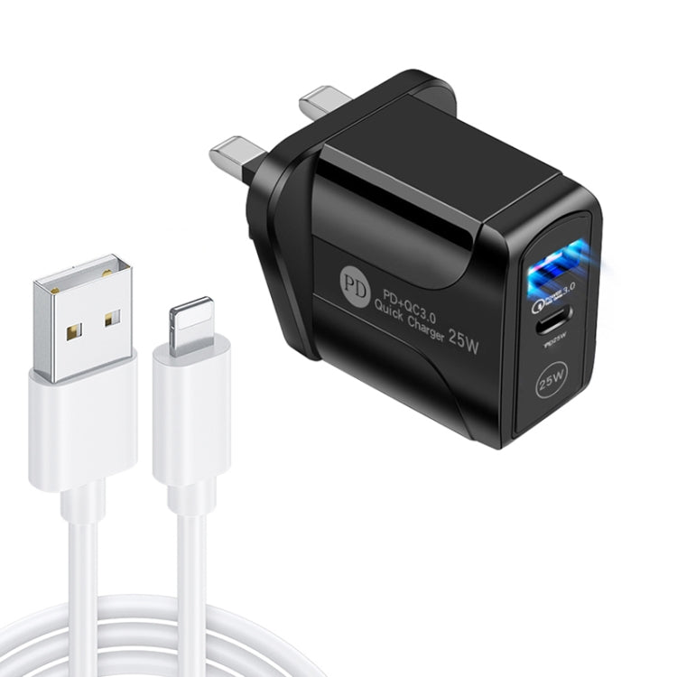 ที่ชาร์จเร็ว PD25W USB-C / Type-C + QC3.0 USB สองพอร์ต พร้อมสายข้อมูล USB เป็น 8 พิน, ปลั๊ก UK, ปลั๊ก UK + สาย USB เป็น 8 พิน
