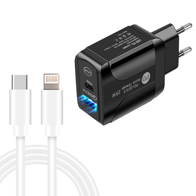 ที่ชาร์จเร็ว PD25W USB-C / Type-C + QC3.0 USB สองพอร์ต พร้อมสายข้อมูล USB-C เป็น 8 พิน, ปลั๊ก EU, ปลั๊ก EU + สาย USB-C เป็น 8 พิน